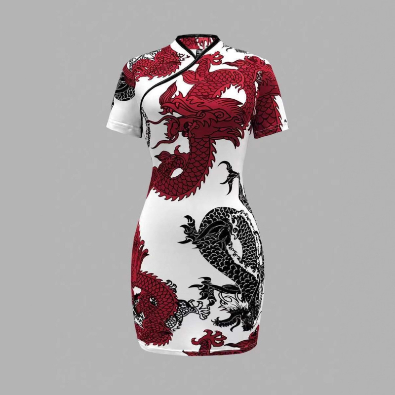 Qipao-stílusú ruha, állatmintás, digitális nyomtatás, poliészter, V-nyakú, középhosszú