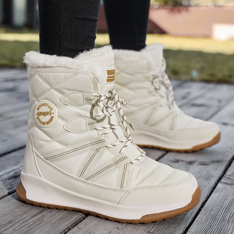 Πεζοπορικά μποτάκια χιονιού με υψηλό ύψος, μπροστινό κορδόνι, άνω μέρος από τεχνητό PU, εσωτερική επένδυση από συνθετικό κοντό βελούδο, αντιολισθητική σόλα καουτσούκ
