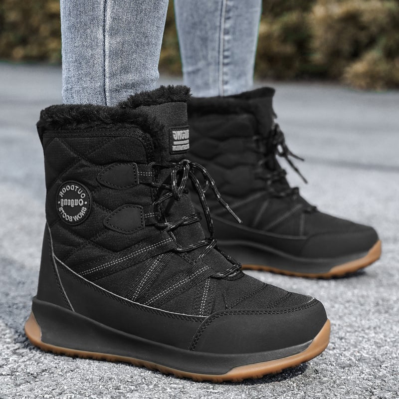 Πεζοπορικά μποτάκια χιονιού με υψηλό ύψος, μπροστινό κορδόνι, άνω μέρος από τεχνητό PU, εσωτερική επένδυση από συνθετικό κοντό βελούδο, αντιολισθητική σόλα καουτσούκ