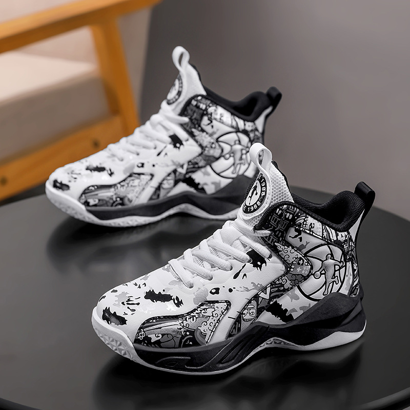 Műbőr gyerek kosárlabdacipő; lélegző, csúszásmentes; kompozit talp; Color Blocking minta; előröl fűzőzhető