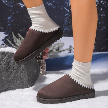 Női téli pamut otthoni papucsok, kerek orr, matt felső rész, rövid műszőrme bélés, vastag gumi talp