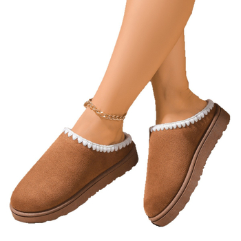 Női téli pamut otthoni papucsok, kerek orr, matt felső rész, rövid műszőrme bélés, vastag gumi talp