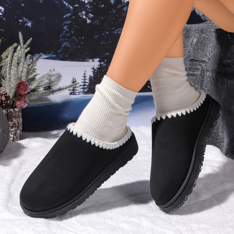 Női téli pamut otthoni papucsok, kerek orr, matt felső rész, rövid műszőrme bélés, vastag gumi talp