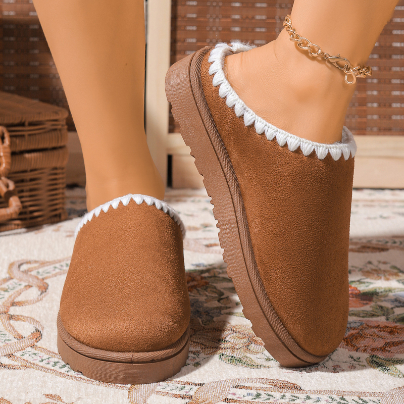 Női téli pamut otthoni papucsok, kerek orr, matt felső rész, rövid műszőrme bélés, vastag gumi talp