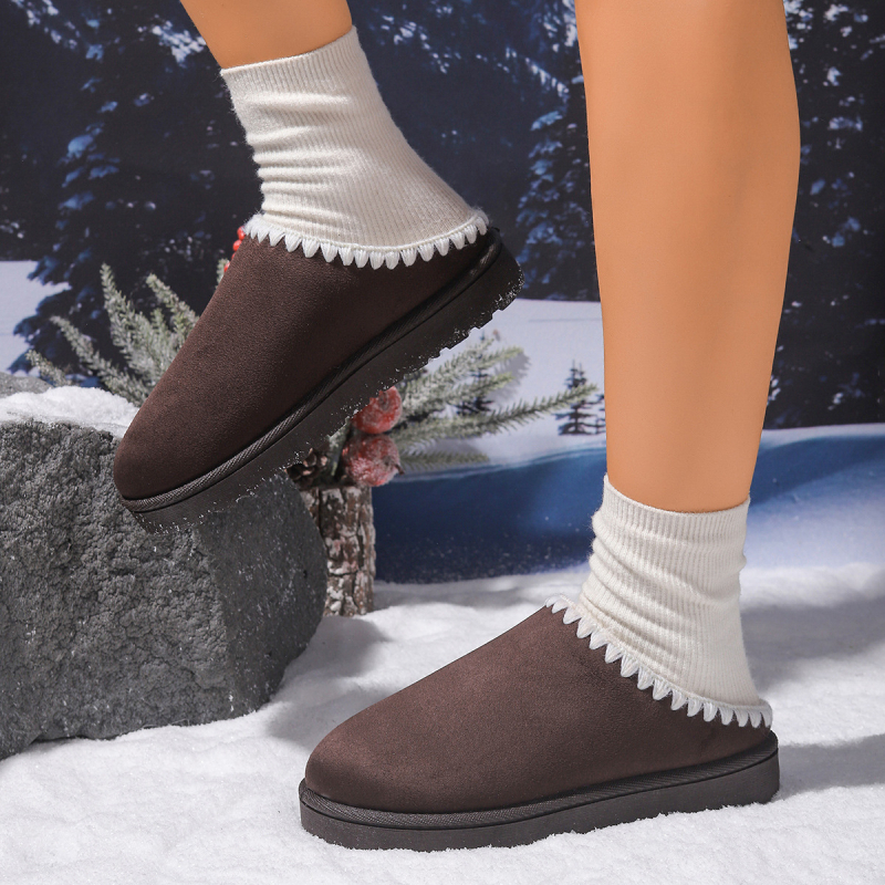 Női téli pamut otthoni papucsok, kerek orr, matt felső rész, rövid műszőrme bélés, vastag gumi talp