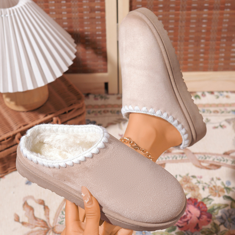 Női téli pamut otthoni papucsok, kerek orr, matt felső rész, rövid műszőrme bélés, vastag gumi talp
