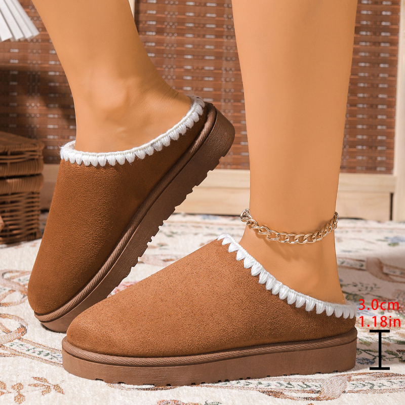 Női téli pamut otthoni papucsok, kerek orr, matt felső rész, rövid műszőrme bélés, vastag gumi talp