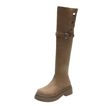 Velúr térd fölötti csizma, magas szár, oldalsó cipzár, kerek orr, alacsony, vastag sarok