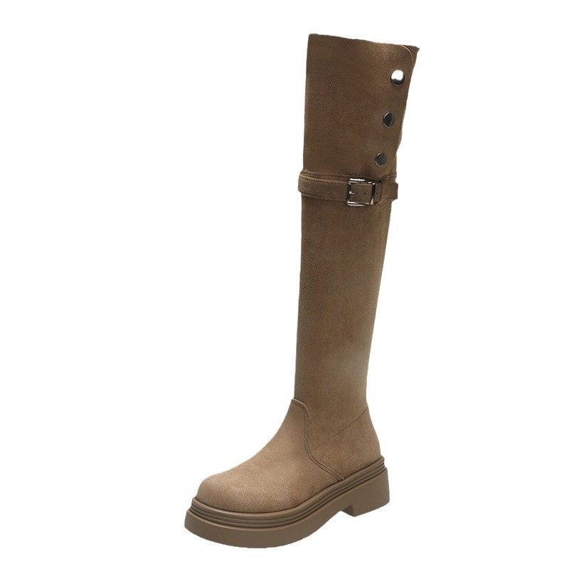 Velúr térd fölötti csizma, magas szár, oldalsó cipzár, kerek orr, alacsony, vastag sarok