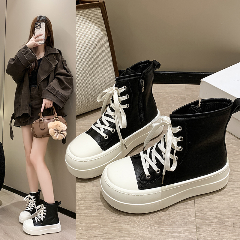 Női mindennapi sportcipő magas szárú kialakítással, magasságot növelő vastag talppal, PU bőr felsőrész, oldalsó cipzár, kerek orr