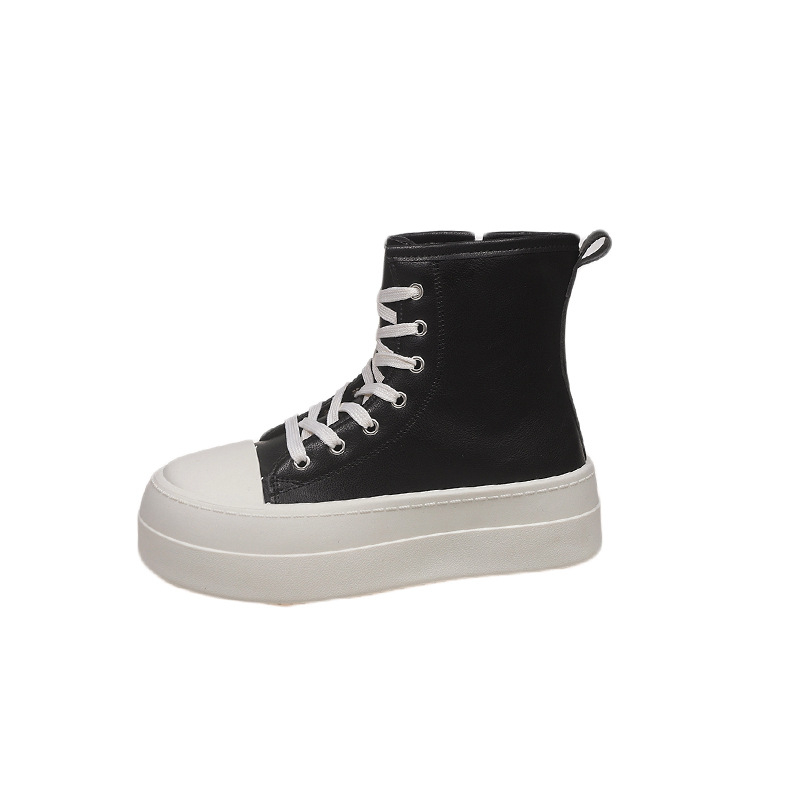 Női mindennapi sportcipő magas szárú kialakítással, magasságot növelő vastag talppal, PU bőr felsőrész, oldalsó cipzár, kerek orr