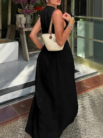 Poliészter ujjatlan ruha, magas derékvonal, A-vonal, hosszú