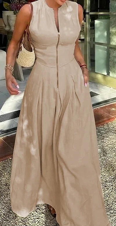 Poliészter ujjatlan ruha, magas derékvonal, A-vonal, hosszú