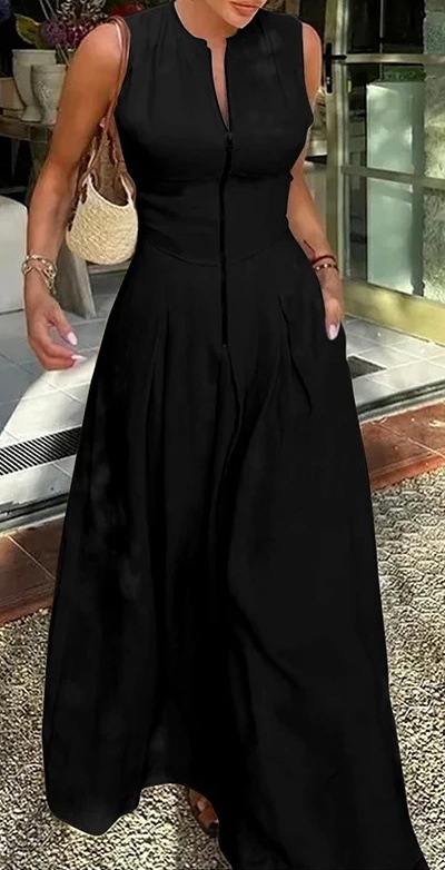 Poliészter ujjatlan ruha, magas derékvonal, A-vonal, hosszú