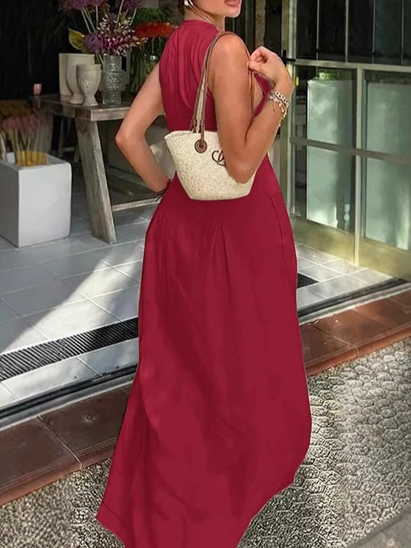 Poliészter ujjatlan ruha, magas derékvonal, A-vonal, hosszú