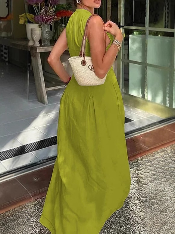 Poliészter ujjatlan ruha, magas derékvonal, A-vonal, hosszú