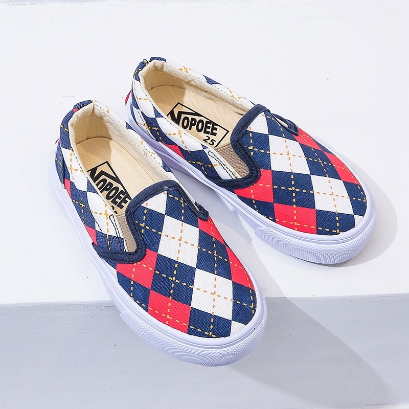 Detské plátenné tenisky s nízkym profilom, plátený materiál, gumová podrážka, kockovaný vzor, textilná vložka