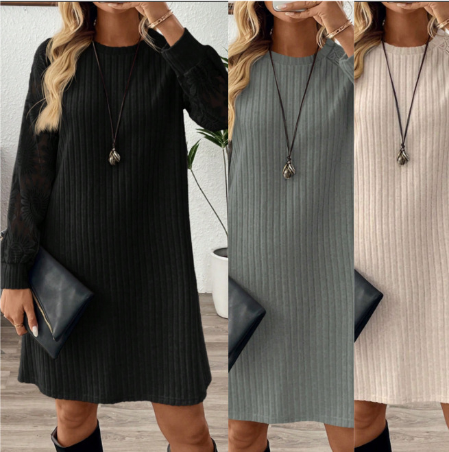 Csipke és kivágó részletekkel rendelkező ruha, kerek nyakú, hosszú ujjú, midi A-vonalú szabás