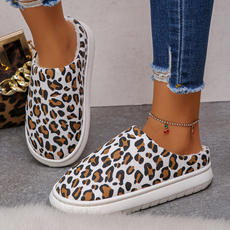 Spausdintos pūkuotos šlepetės su medvilnine įdėklu, guma putų padas, apvalus pirštas — laisvalaikio namų šlepetės žiemai