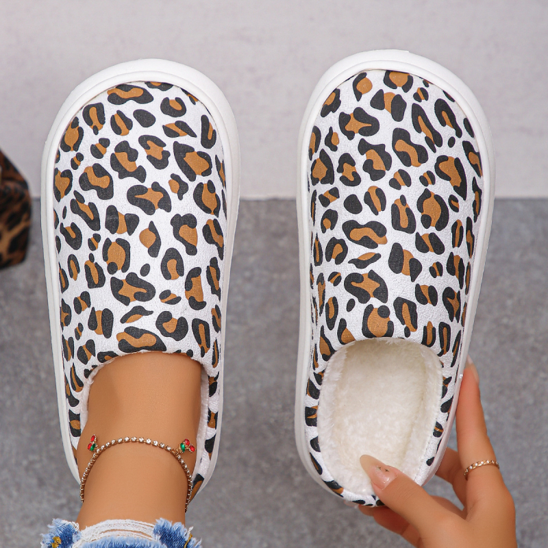 Spausdintos pūkuotos šlepetės su medvilnine įdėklu, guma putų padas, apvalus pirštas — laisvalaikio namų šlepetės žiemai