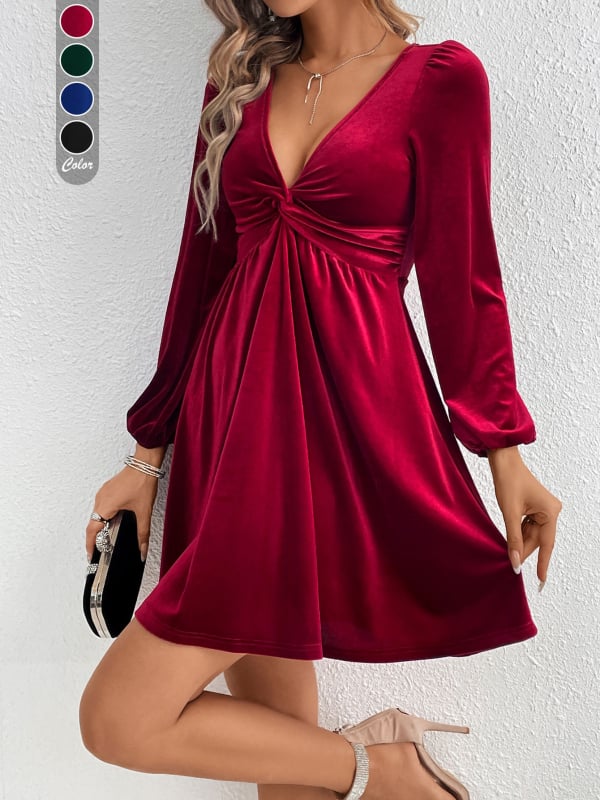 Кадифена рокля с V-образно деколте, А-силует, дълги пухкави ръкави, висока талия