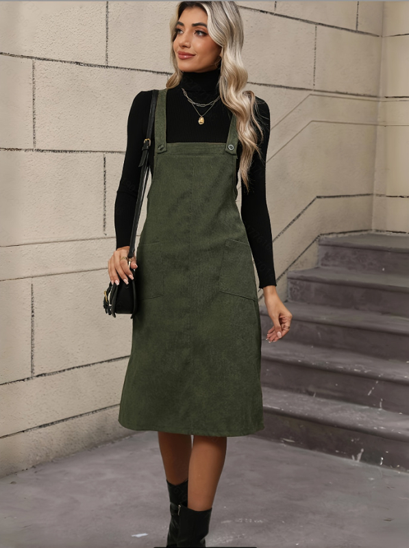 Corduroy anyagú ruha, pántos és elegáns stílus, középhosszú, lógó gallér