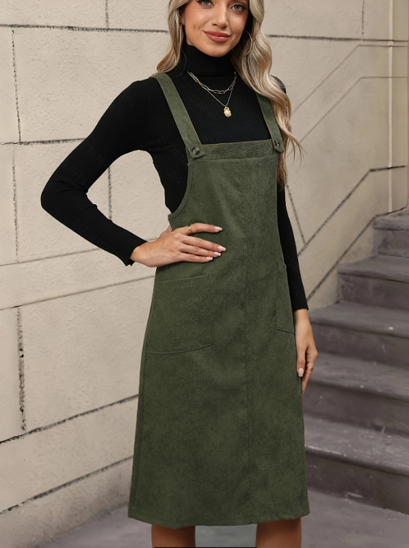 Corduroy anyagú ruha, pántos és elegáns stílus, középhosszú, lógó gallér