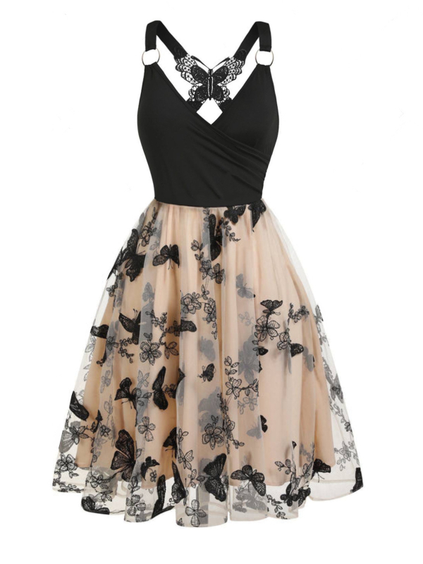 Rochie din plasă cu broderie 3D în model de fluture, decolteu în V, fără mâneci, croială A-line, poliester