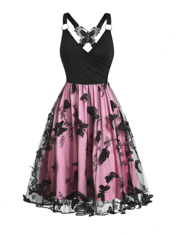 Rochie din plasă cu broderie 3D în model de fluture, decolteu în V, fără mâneci, croială A-line, poliester