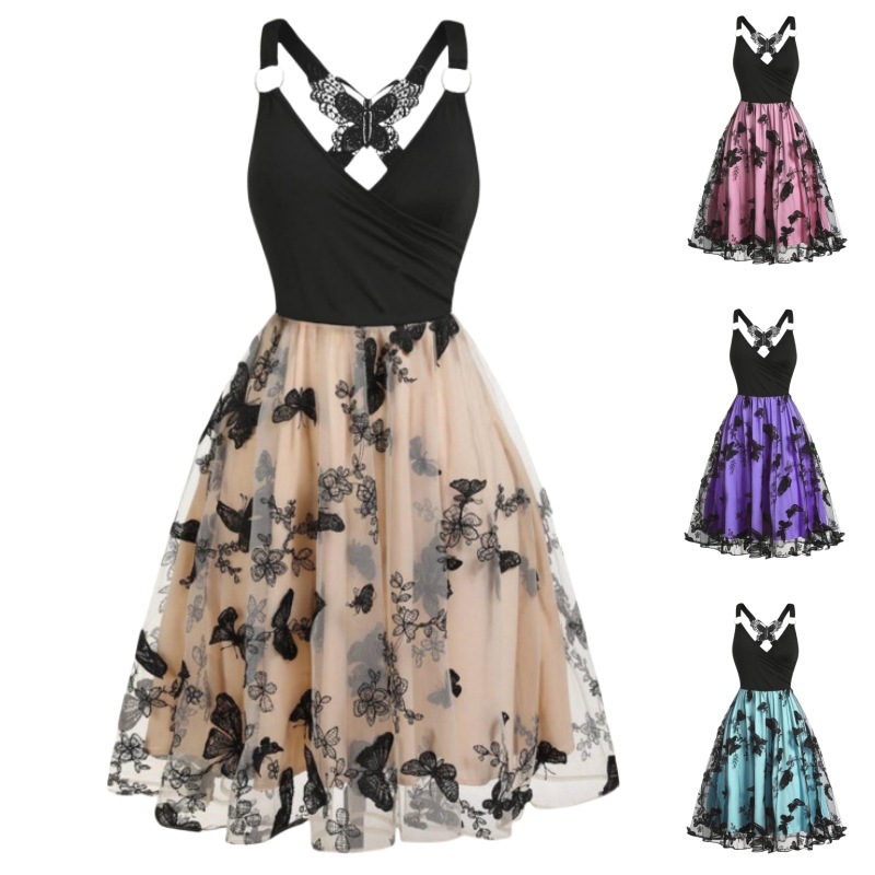 Rochie din plasă cu broderie 3D în model de fluture, decolteu în V, fără mâneci, croială A-line, poliester