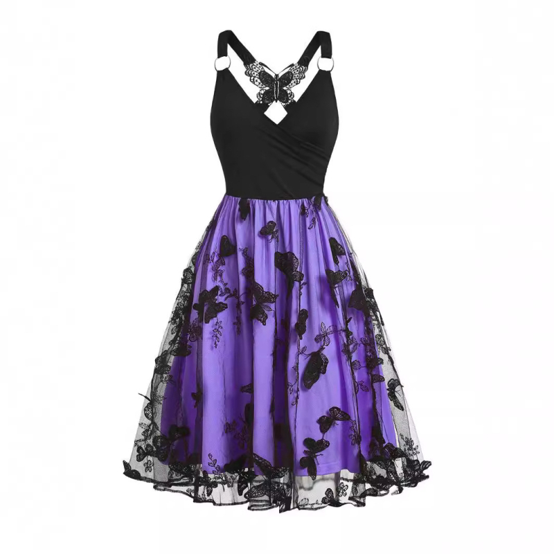 Rochie din plasă cu broderie 3D în model de fluture, decolteu în V, fără mâneci, croială A-line, poliester