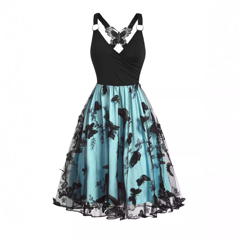 Rochie din plasă cu broderie 3D în model de fluture, decolteu în V, fără mâneci, croială A-line, poliester