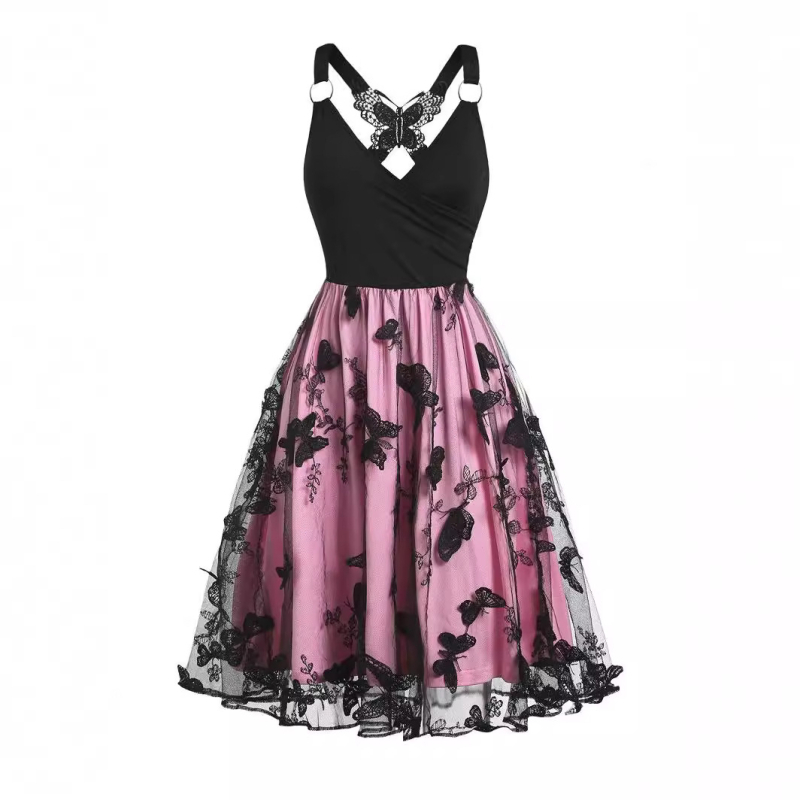 Rochie din plasă cu broderie 3D în model de fluture, decolteu în V, fără mâneci, croială A-line, poliester