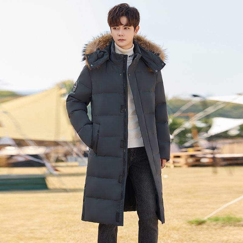 Pánska dlhá zimná bunda s kapucňou, teplá a hrubá, 100% kačacie perie, 550 Fill Power