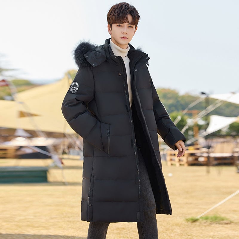 Pánska dlhá zimná bunda s kapucňou, teplá a hrubá, 100% kačacie perie, 550 Fill Power
