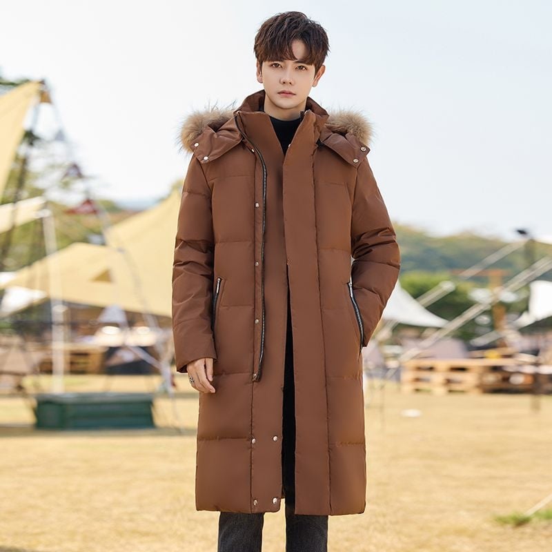Pánska dlhá zimná bunda s kapucňou, teplá a hrubá, 100% kačacie perie, 550 Fill Power