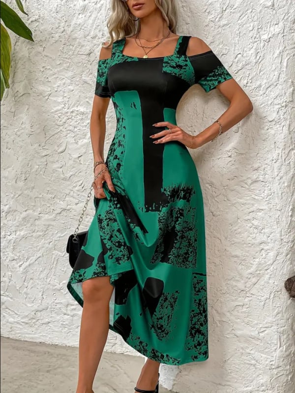 Printirana večernja haljina od Brushed Milk Silk, s jednim ramenom, kvadratnim izrezom, kratki rukavi