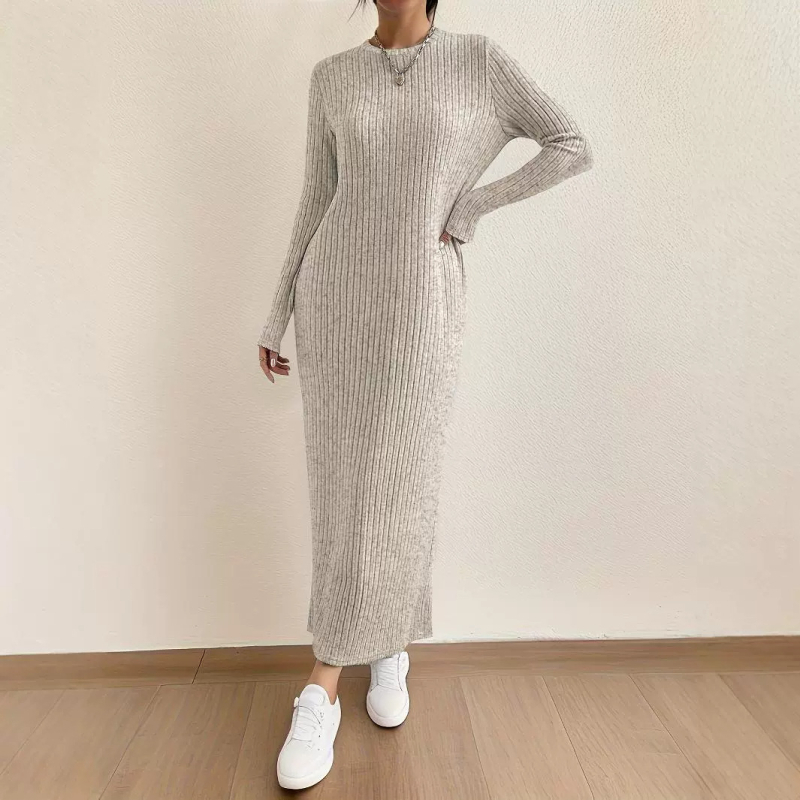 Ženska pletena haljina, okrugli izrez, duge rukave, duga suknja, mješavina poliestera i spandeksa, ležeran stil