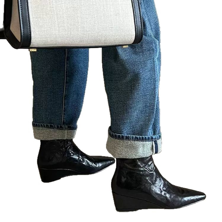 Női boka csizma retro stílusban, négyszögletes orrú, hátsó cipzár, alacsony sarok, PU felső