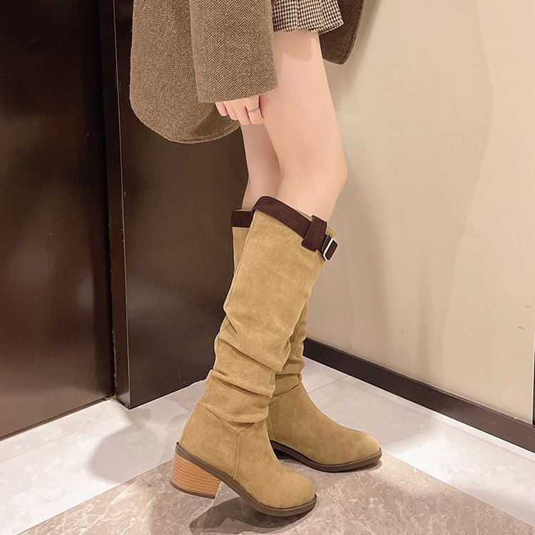 Ботуши с ресни за зима 2024: високи до коляното, плисиран и прегънат дизайн, PU горен материал, гума подметка, PU вътрешна подплата