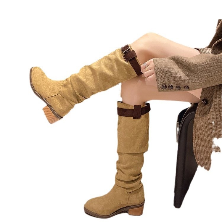 Ботуши с ресни за зима 2024: високи до коляното, плисиран и прегънат дизайн, PU горен материал, гума подметка, PU вътрешна подплата