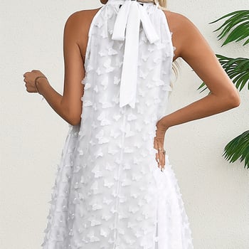 Haljina od elastičnog poliestera, halter ovrat s otvorenim ramenima, A-linija, kratka, uzorak mašna