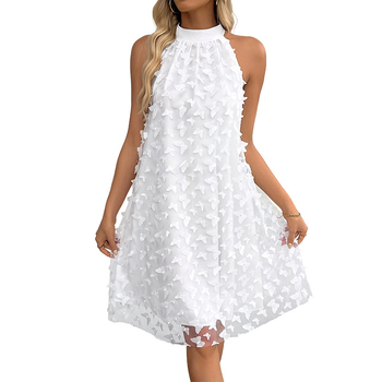 Haljina od elastičnog poliestera, halter ovrat s otvorenim ramenima, A-linija, kratka, uzorak mašna