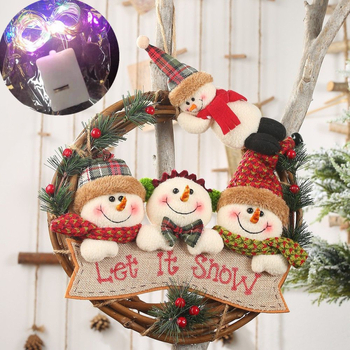 Kovový vianočný veniec s Mikulášom, Snehuliakom a sobou, osvetlený dekor na dvere do obývačky