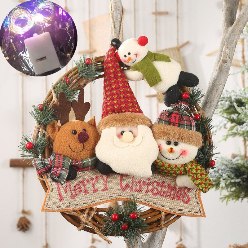 Kovový vianočný veniec s Mikulášom, Snehuliakom a sobou, osvetlený dekor na dvere do obývačky