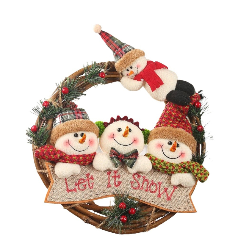 Kovový vianočný veniec s Mikulášom, Snehuliakom a sobou, osvetlený dekor na dvere do obývačky