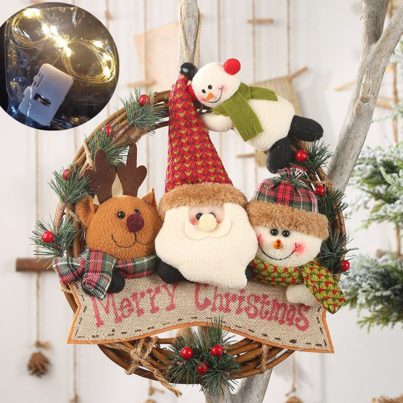 Kovový vianočný veniec s Mikulášom, Snehuliakom a sobou, osvetlený dekor na dvere do obývačky