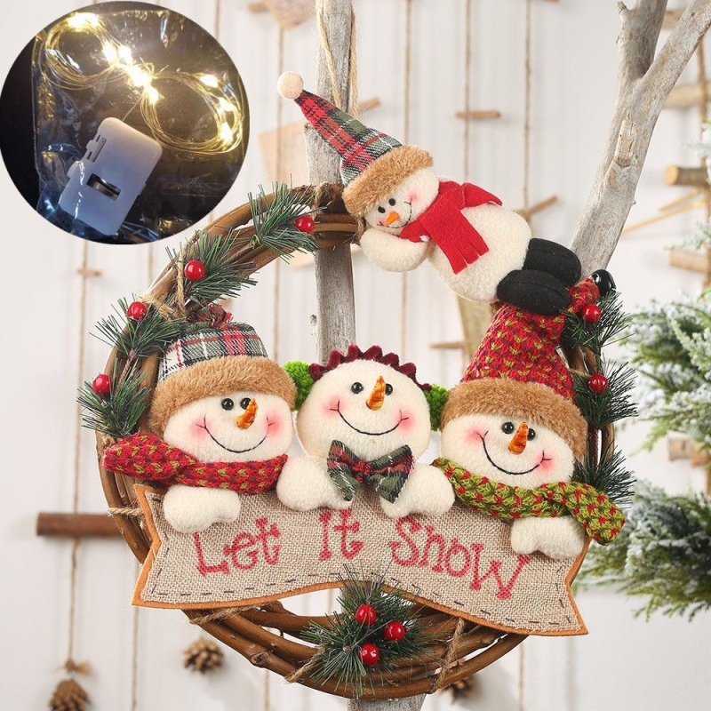 Kovový vianočný veniec s Mikulášom, Snehuliakom a sobou, osvetlený dekor na dvere do obývačky