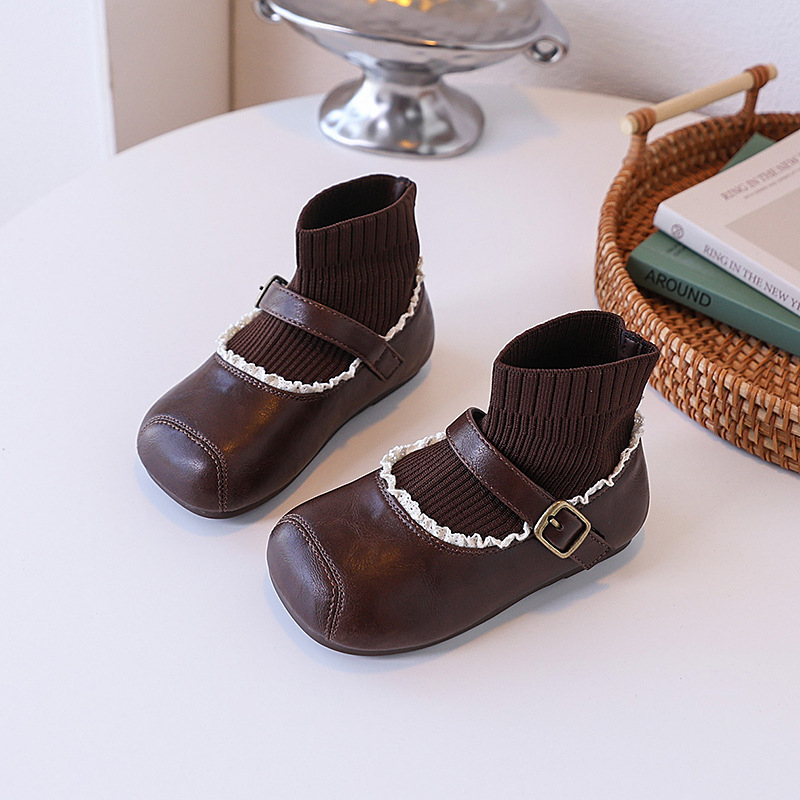 Sock Boots za djevojčice, britanski stil, mikrokoža + tkanina, jesen, uzrast 7–12 godina