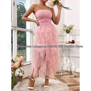 Õhtukleit rihmadeta, varrukateta, kõrge talje, võrguvöö, polüesterkangas